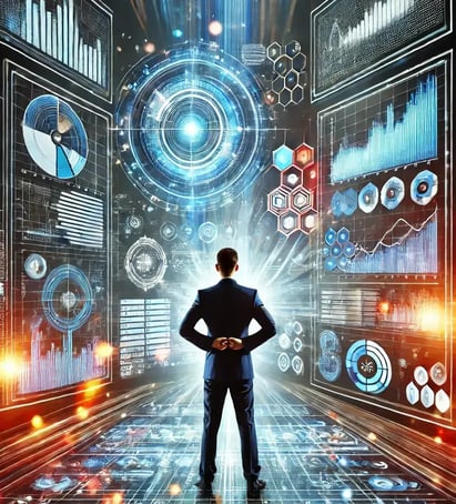 DALL·E 2024-10-25 12-19-13 - A striking image of a business professional standing in front of a futuristic data interface with holographic screens showing complex data visualizati